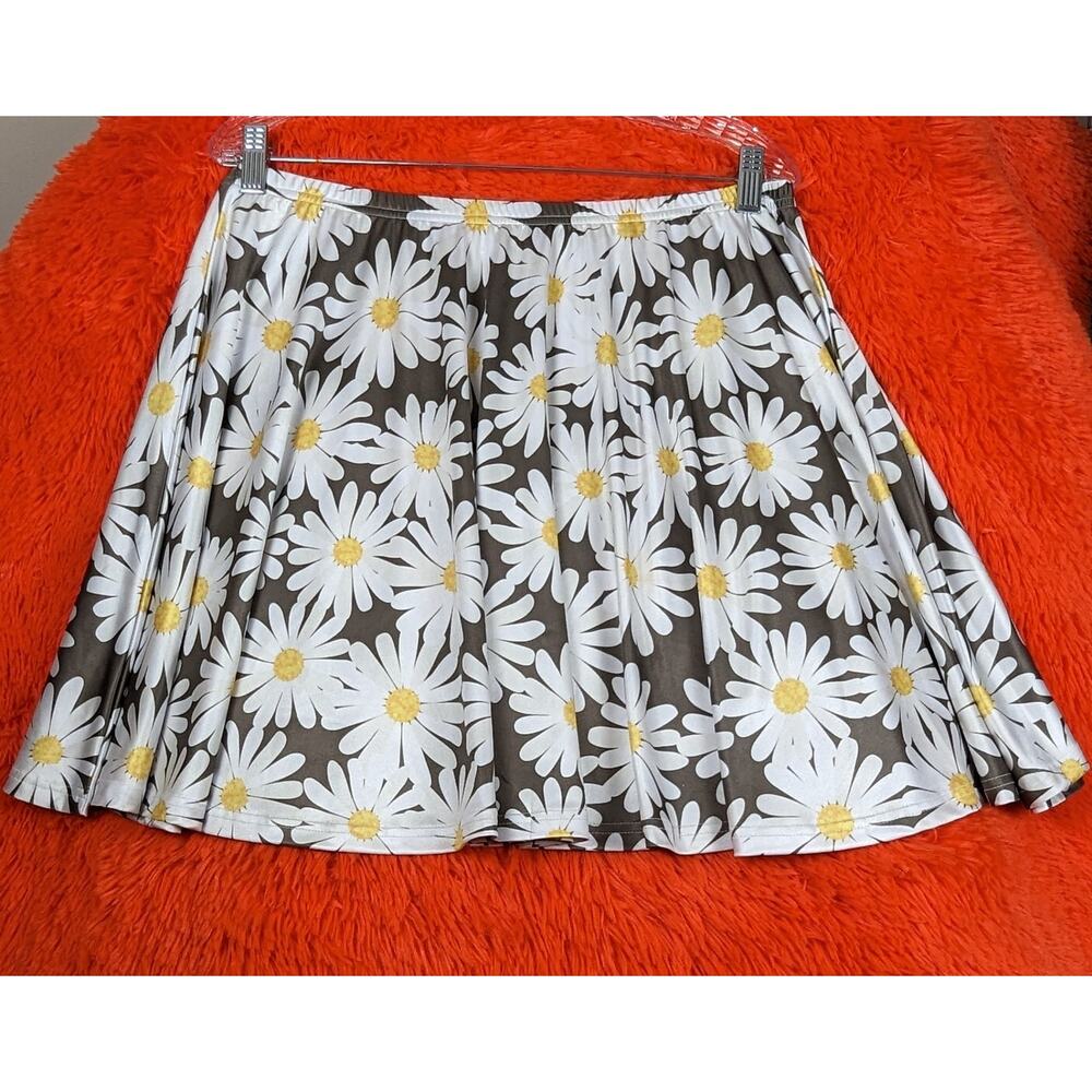 Cow Cow Gray Daisy Floral Flower Print Stretchy Elastic Waist Skater Skirt XL
